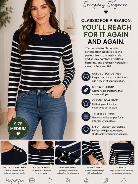 Lauren Ralph Lauren Tops - Lauren Ralph Lauren Navy & White Striped Boat Neck Top with Gold Buttons